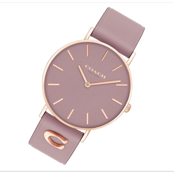 COACH PURPLE LEATHER STRAP WATCH 36MM "PERRY" ROSE GOLD PLATED STEEL